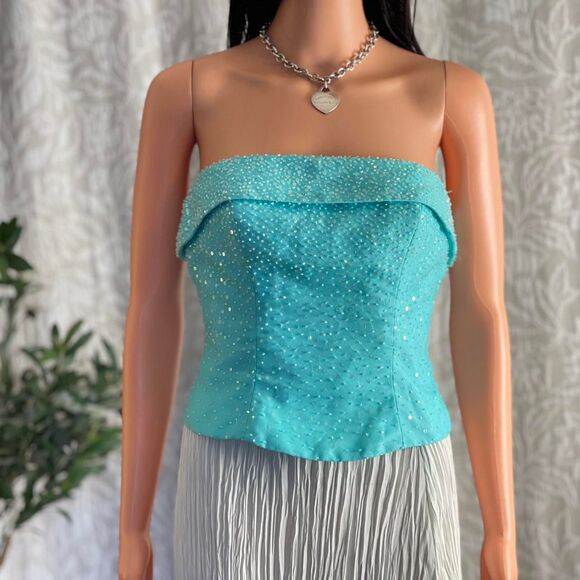 Vtg Y2K Mori Lee Beaded Corset Top Blue Strapless Sequin Prom Party Top Sz 7/8 - Picture 2 of 11